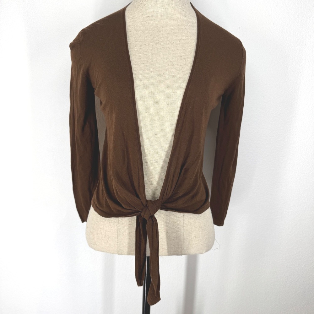 Vintage Silk Tie‎ Front Cardigan Sweater Small Brown 90s Minimalist Ballet Layer